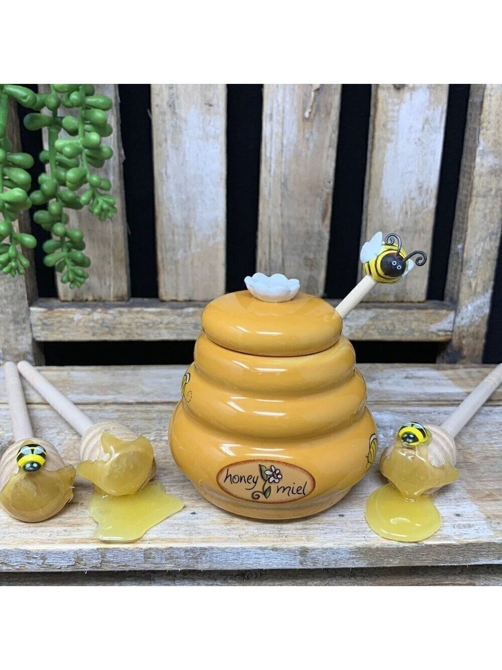 Beehive Honey Pot Jar 3 Inch Honey Bee Dipper Tiered Tray Decor Yellow Summer